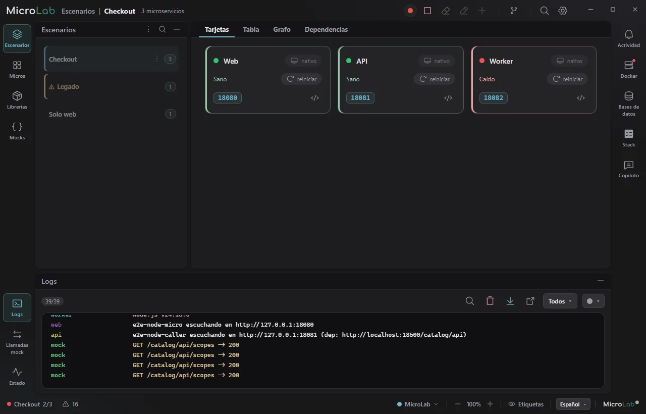The MicroLab window with the “Checkout” scenario running: cards for the Web and API services healthy and Worker crashed, each with its port, and below them the live log panel showing the calls served by the mock server.